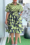 Black Casual Print Buckle With Belt Turndown Collar A Line Plus Size Dresses
