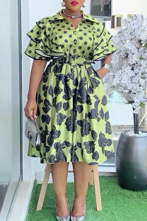 Green Casual Print Buckle With Belt Turndown Collar A Line Plus Size Dresses