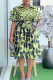 Green Casual Print Buckle With Belt Turndown Collar A Line Plus Size Dresses