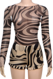 Khaki Sexy Print Stringy Selvedge O Neck Long Sleeve Two Pieces