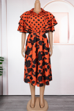 Black Casual Print Buckle With Belt Turndown Collar A Line Plus Size Dresses