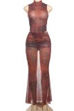 Brown Sexy Print O Neck Sleeveless Two Pieces