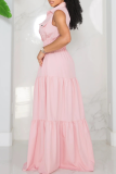 Pink Casual Solid Color Buckle Turndown Collar Long Dresses