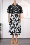 Black Casual Print Buckle With Belt Turndown Collar A Line Plus Size Dresses