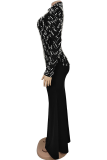 Black Elegant Solid Color Hot Drill Zipper Turtleneck Long Dresses