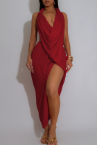 Red Sexy Solid Color Slit Ruched Halter Irregular Dresses