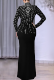 Black Elegant Solid Color Hot Drill Zipper Turtleneck Long Dresses