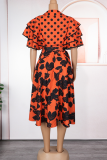Black Casual Print Buckle With Belt Turndown Collar A Line Plus Size Dresses