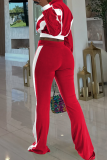 Red Casual Zipper Contrast Zipper Collar Long Sleeve Two Pieces