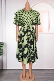 Black Casual Print Buckle With Belt Turndown Collar A Line Plus Size Dresses