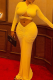 Yellow Sexy Solid Color Hollow Out V Neck Long Sleeve Two Pieces