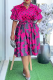 Rose Red Casual Print Buckle With Belt Turndown Collar A Line Plus Size Dresses