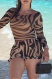 Khaki Sexy Print Stringy Selvedge O Neck Long Sleeve Two Pieces