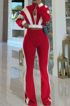Red Casual Zipper Contrast Zipper Collar Long Sleeve Two Pieces