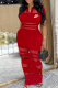 Red Casual Letters See-Through Mesh Turndown Collar Long Dresses