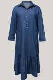 Deep Blue Casual Solid Color Buckle Turndown Collar Denim Plus Size Dresses