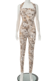 Light Brown Sexy Print Patchwork Halter Skinny Jumpsuits