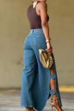Blue Casual Solid Color Hollow Out Flower Shape Mid Waist Loose Denim Jeans