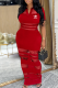 Red Sexy Letters See-Through Mesh Turndown Collar Long Dresses