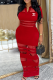 Red Casual Letters See-Through Mesh Turndown Collar Long Dresses