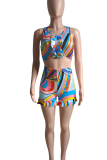 Colour Sexy Print Zipper O Neck Sleeveless Two Pieces
