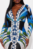 Blue Elegant Print Patchwork Deep V Neck Long Dresses