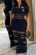 Black Casual Letters See-Through Mesh Turndown Collar Long Dresses