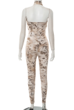 Light Brown Sexy Print Patchwork Halter Skinny Jumpsuits