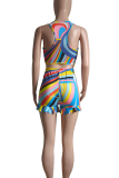 Colour Sexy Print Zipper O Neck Sleeveless Two Pieces