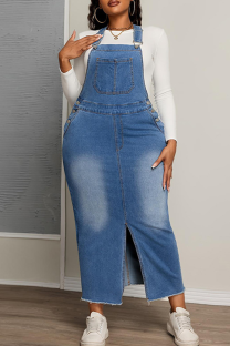 Blue Casual Solid Color Pocket Slit Spaghetti Strap Long Plus Size Dresses
