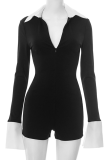 Black Casual Zipper Contrast Turndown Collar Skinny Rompers