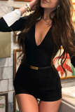 Black Casual Zipper Contrast Turndown Collar Skinny Rompers
