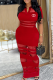 Red Casual Letters See-Through Mesh Turndown Collar Long Dresses