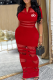 Red Casual Letters Mesh Turndown Collar Long Dresses