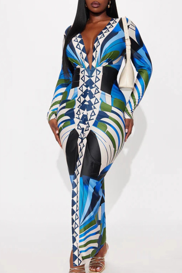 Blue Elegant Print Patchwork Deep V Neck Long Dresses