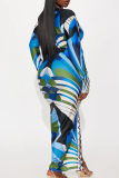 Blue Elegant Print Patchwork Deep V Neck Long Dresses