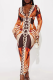 Tangerine Red Elegant Print Patchwork Deep V Neck Long Dresses