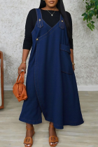 Blue Casual Solid Color Pocket Spaghetti Strap Sleeveless Loose Denim Jumpsuits