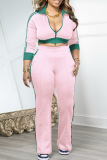 Pink Casual Stripe Zipper Turndown Collar Long Sleeve Two Pieces