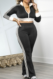 Pink Casual Stripe Zipper Turndown Collar Long Sleeve Two Pieces
