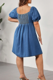 Blue Casual Solid Color Backless Strap Design Asymmetrical Collar Denim Plus Size Dresses