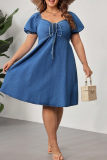 Blue Casual Solid Color Backless Strap Design Asymmetrical Collar Denim Plus Size Dresses