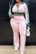 Pink Casual Stripe Zipper Turndown Collar Long Sleeve Two Pieces