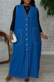 Blue Casual Solid Color Pocket Buckle V Neck Sleeveless Loose Denim Dresses