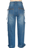 Blue Casual Solid Color Pocket Zipper Mid Waist Loose Denim Jeans