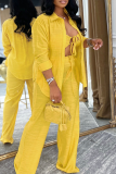 Yellow Casual Solid Color Strap Design Cardigan Collar Long Sleeve Three Pieces