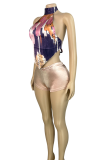 Champagne Sexy Print Turtleneck Sleeveless Two Pieces