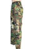 Army Green Casual Camouflage Print Ripped Straight Mid Waist Conventional Full Print Bottoms