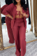 Burgundy Casual Solid Color Strap Design Cardigan Collar Long Sleeve Three Pieces