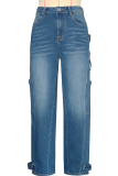 Blue Casual Solid Color Pocket Zipper Mid Waist Loose Denim Jeans